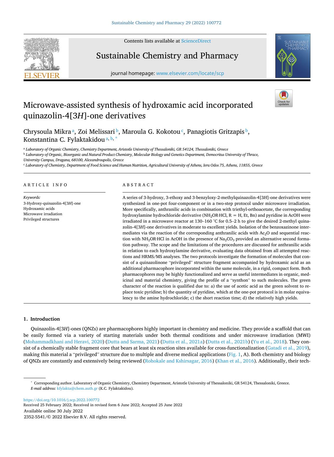 Microwave-assisted synthesis of hydroxamic acid incorporated quinazolin-4[3 H ]-one derivatives by unknow