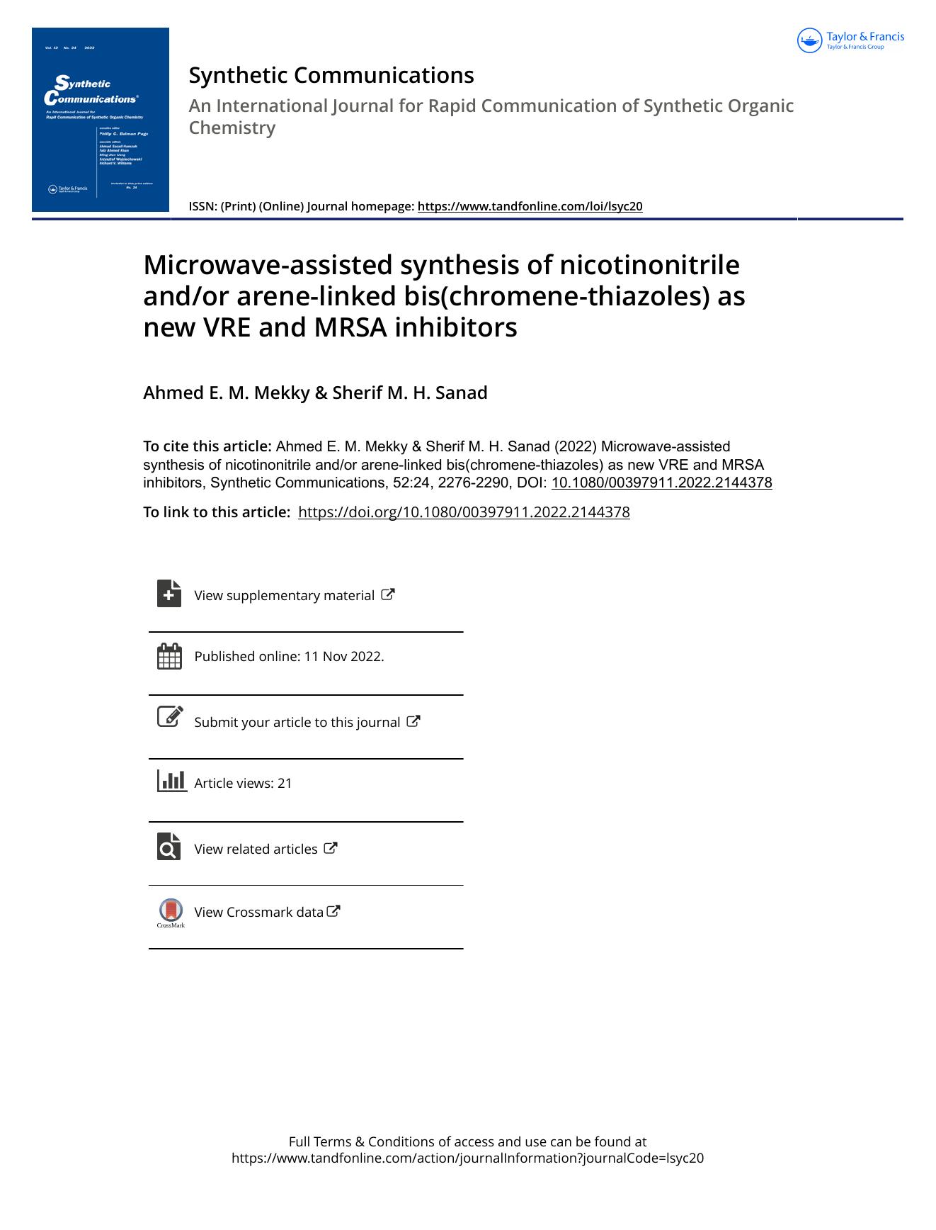 Microwave-assisted synthesis of nicotinonitrile andor arene-linked bis(chromene-thiazoles) as new VRE and MRSA inhibitors by Mekky Ahmed E. M. & Sanad Sherif M. H
