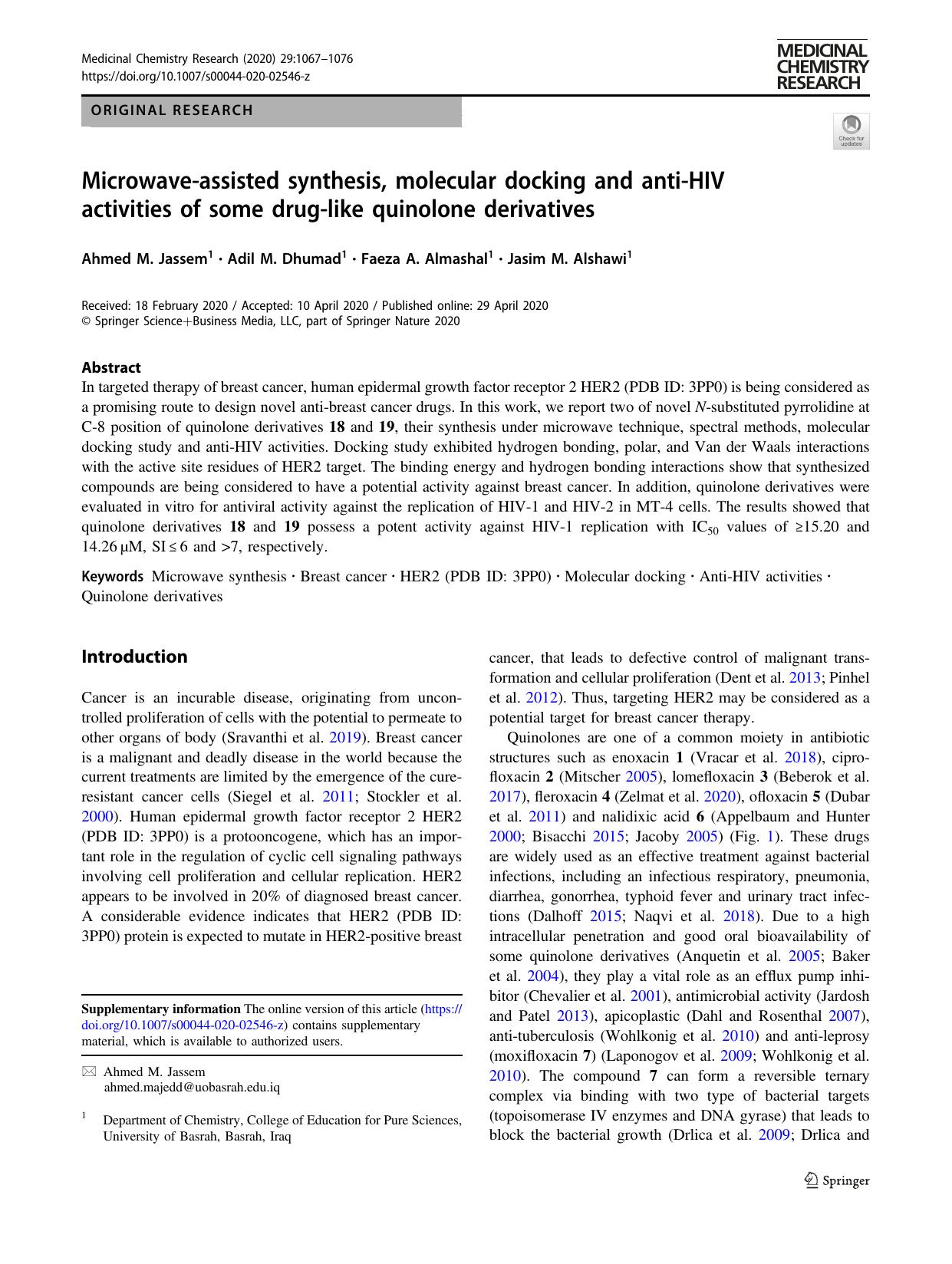 Microwave-assisted synthesis, molecular docking and anti-HIV activities of some drug-like quinolone derivatives by Ahmed M. Jassem & Adil M. Dhumad & Faeza A. Almashal & Jasim M. Alshawi