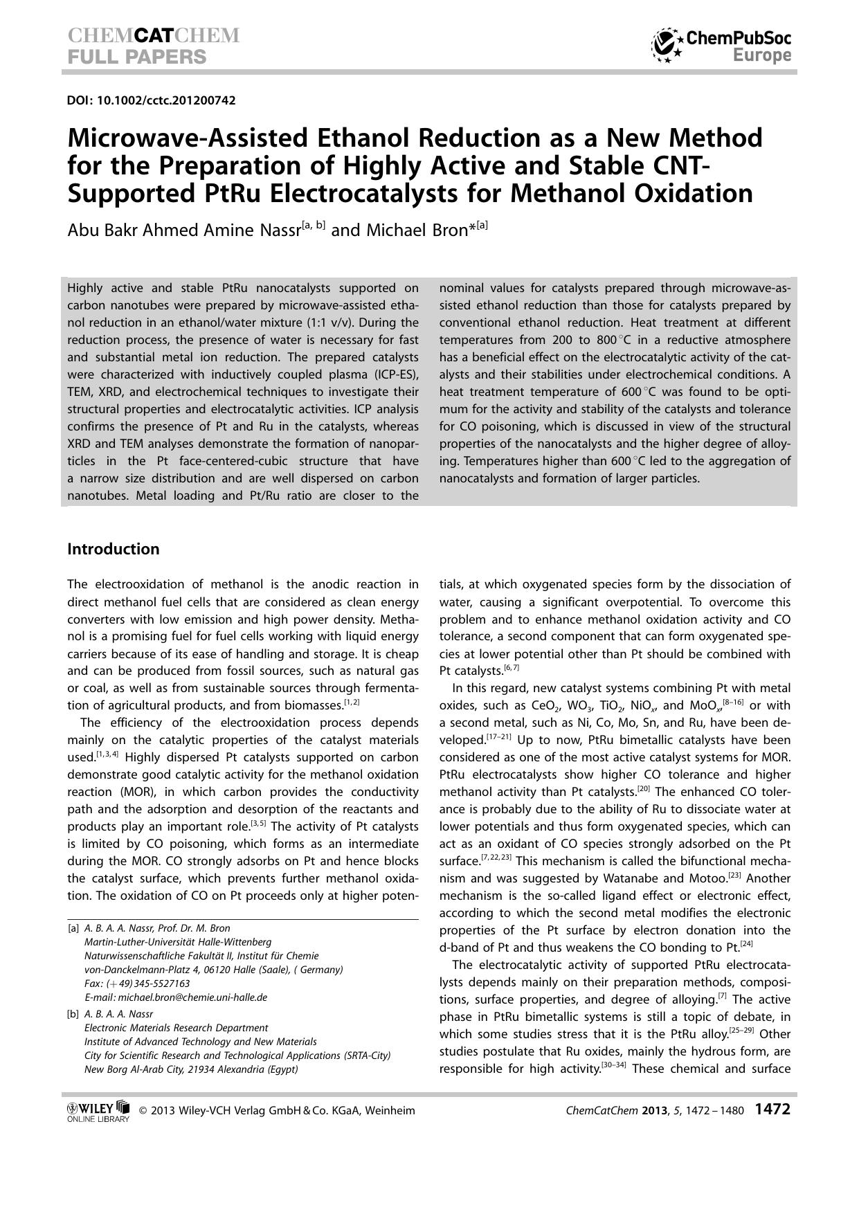 MicrowaveAssisted Ethanol Reduction as a New Method for the Preparation of Highly Active and Stable CNTSupported PtRu Electrocatalysts for Methanol Oxidation by Unknown