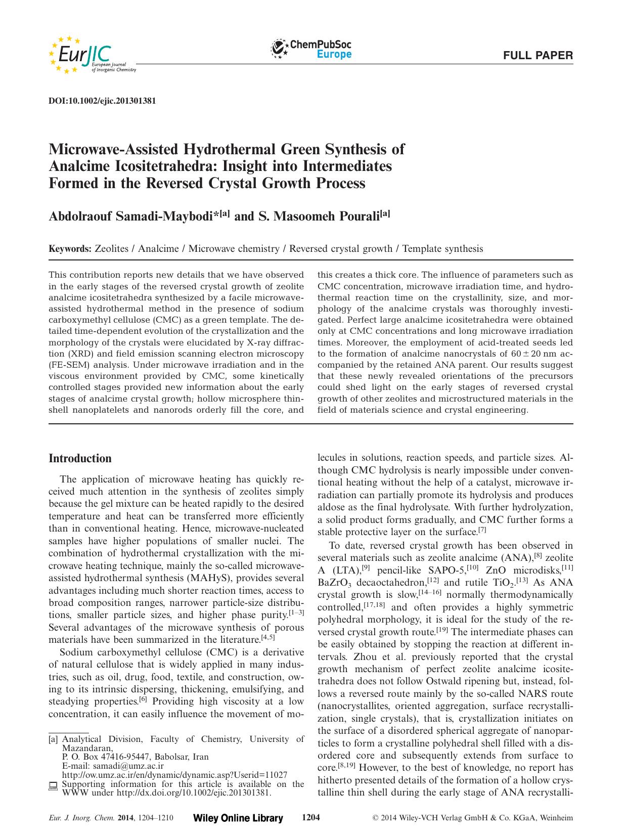 MicrowaveAssisted Hydrothermal Green Synthesis of Analcime Icositetrahedra: Insight into Intermediates Formed in the Reversed Crystal Growth Process by Unknown