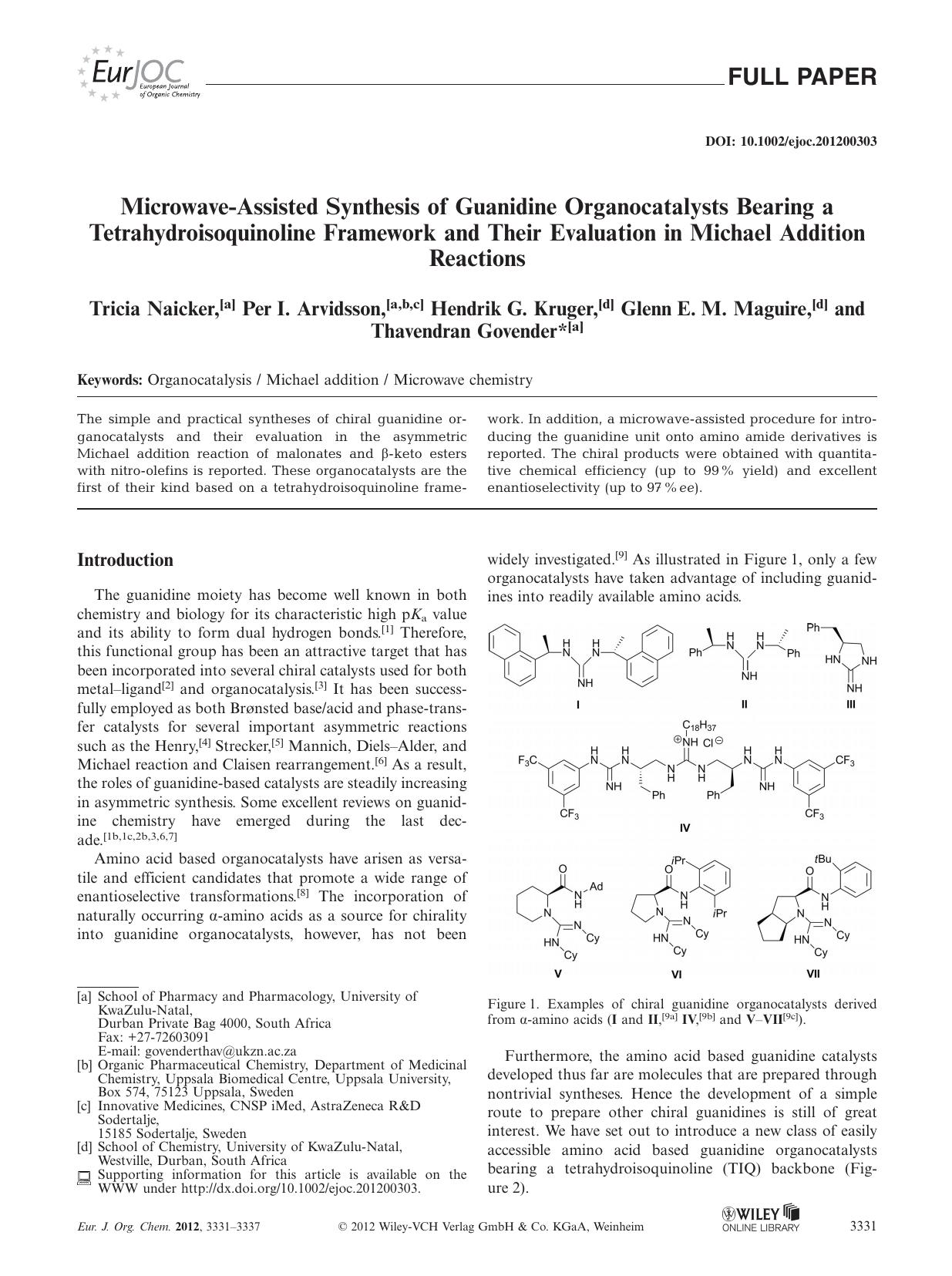 MicrowaveAssisted Synthesis of Guanidine Organocatalysts Bearing a Tetrahydroisoquinoline Framework and Their Evaluation in Michael Addition Reactions by Unknown