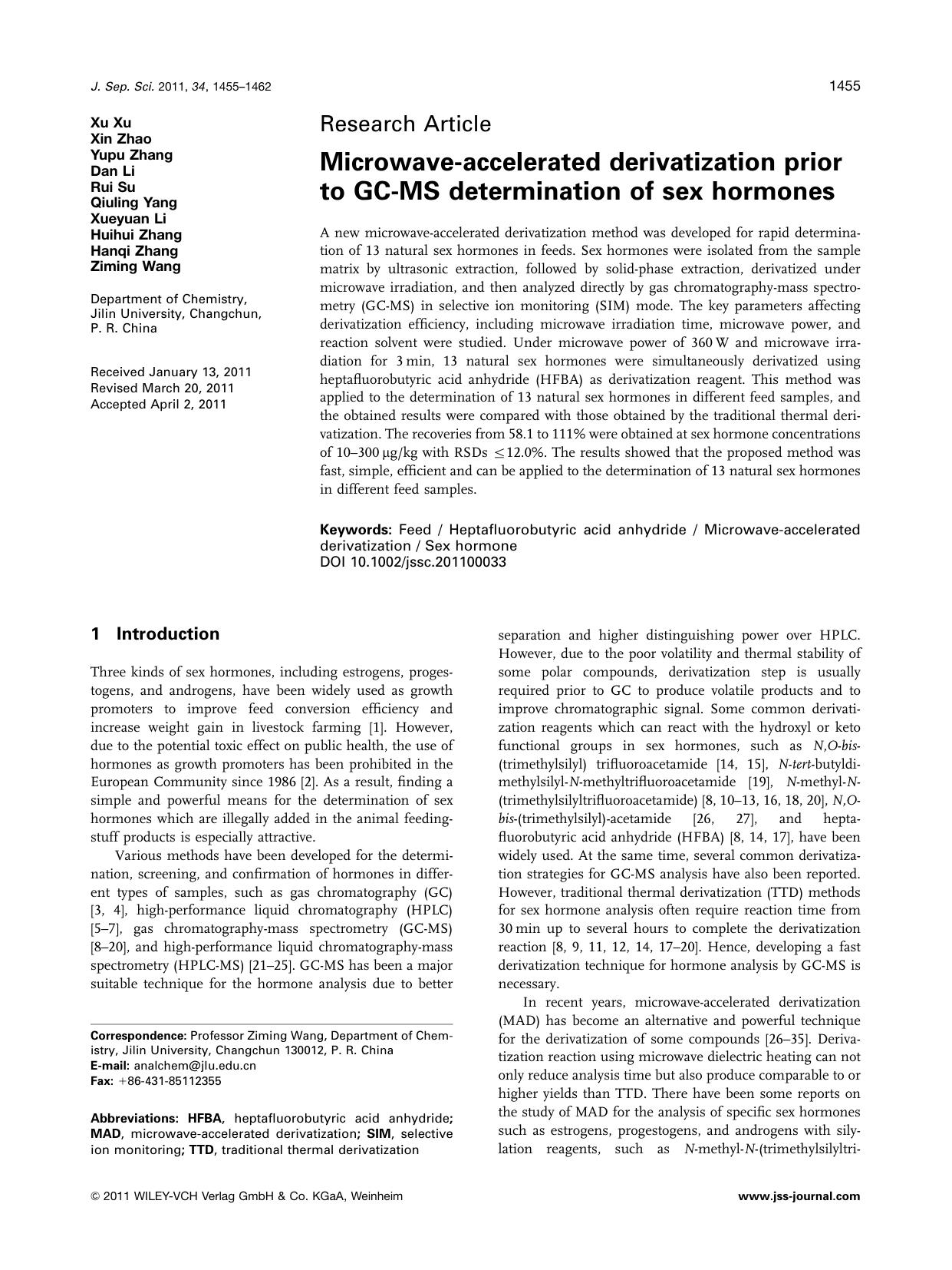 Microwaveaccelerated derivatization prior to GCMS determination of sex hormones by Unknown