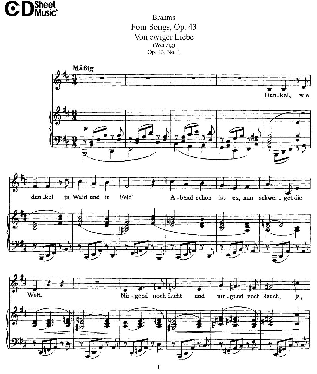 Mid Romantic German Lieder, Brahms: 4 Songs, Op.43 by WBaxley Music Subito Music Corp & Stephens Pub. Co