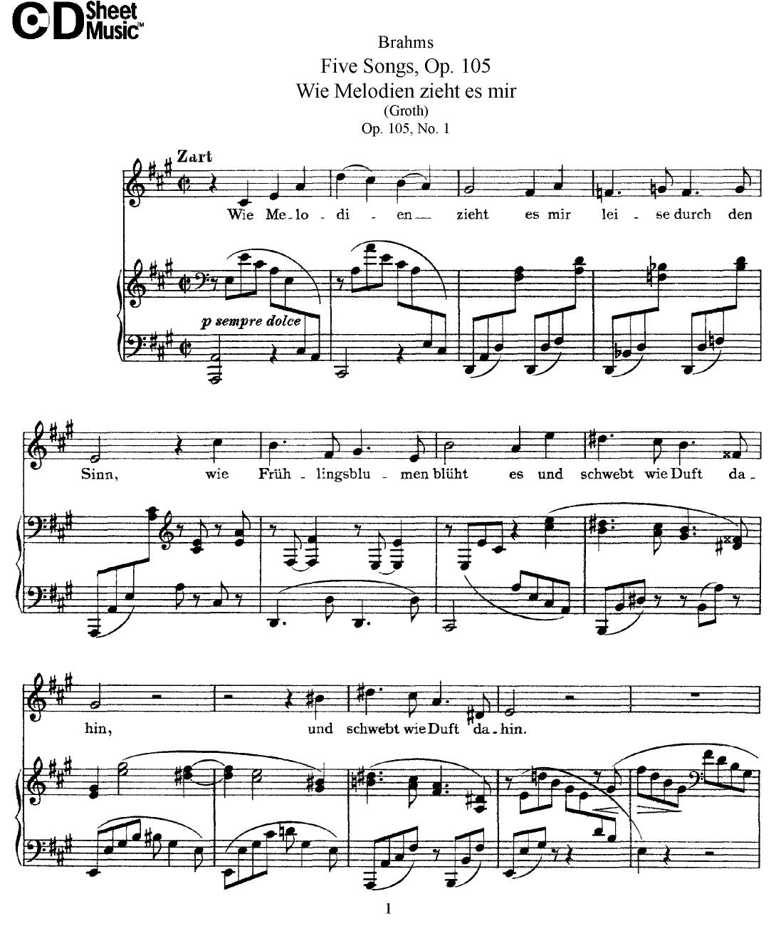Mid Romantic German Lieder, Brahms: 5 Songs, Op.105 by WBaxley Music Subito Music Corp & Stephens Pub. Co
