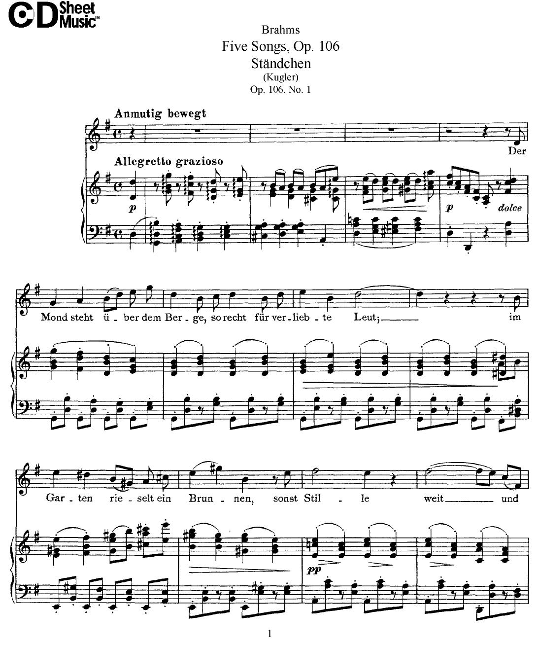 Mid Romantic German Lieder, Brahms: 5 Songs, Op.106 by WBaxley Music Subito Music Corp & Stephens Pub. Co