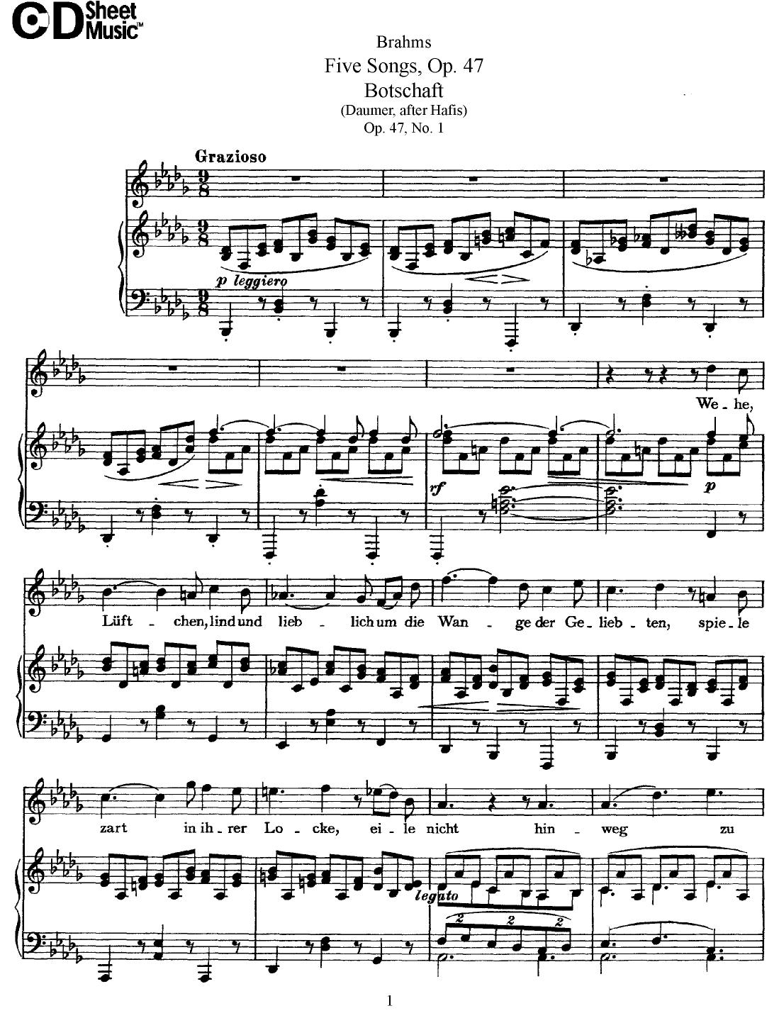 Mid Romantic German Lieder, Brahms: 5 Songs, Op.47 by WBaxley Music Subito Music Corp & Stephens Pub. Co