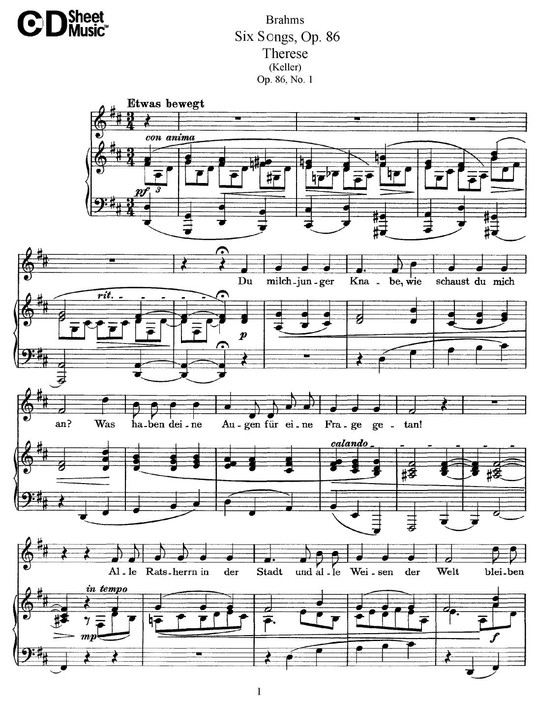 Mid Romantic German Lieder, Brahms: 6 Songs, Op.86 by WBaxley Music Subito Music Corp & Stephens Pub. Co