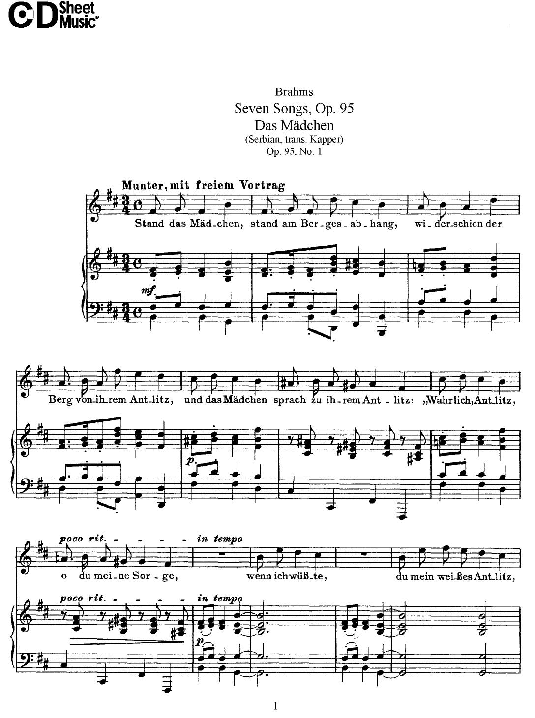 Mid Romantic German Lieder, Brahms: 7 Songs, Op.95 by WBaxley Music Subito Music Corp & Stephens Pub. Co