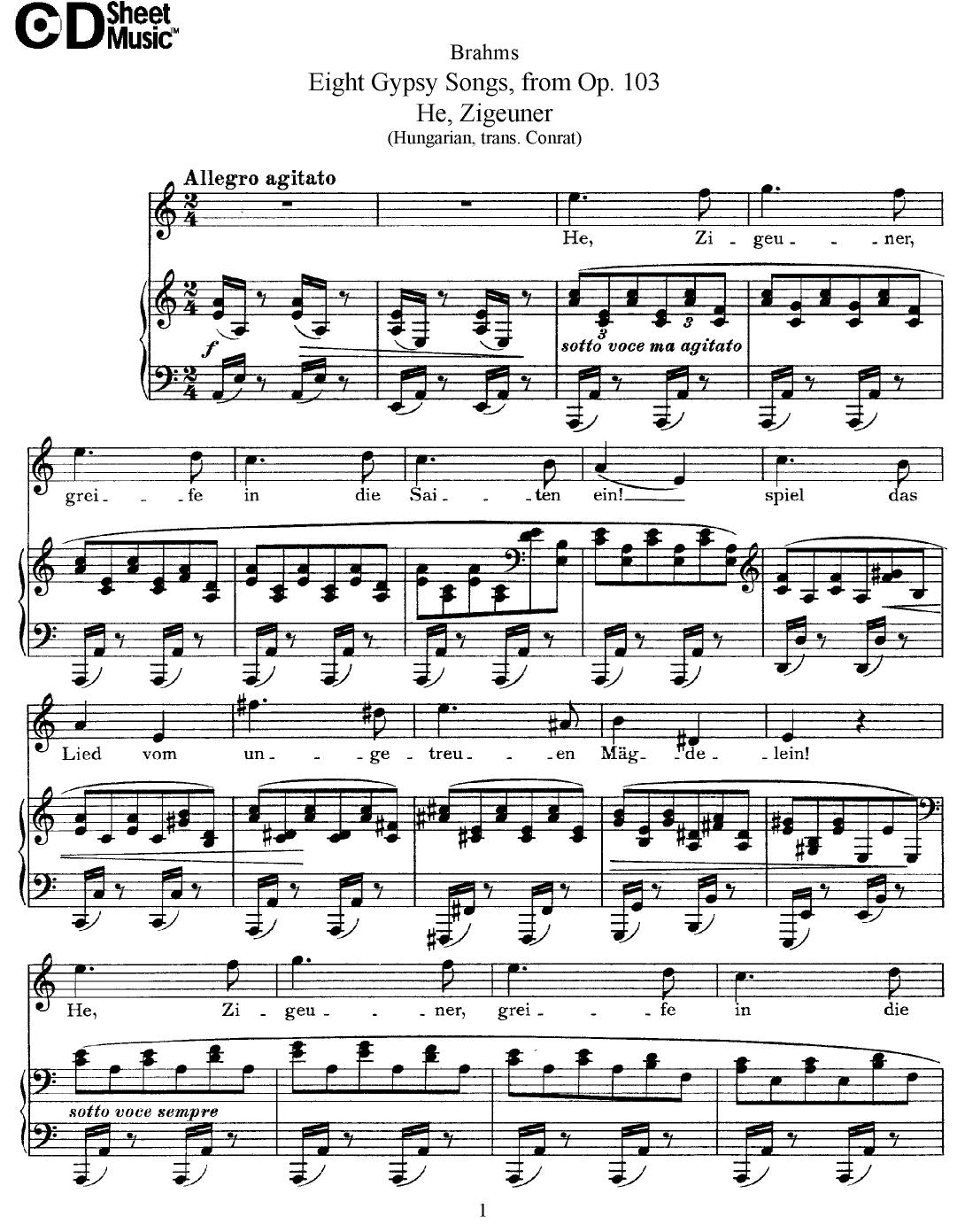 Mid Romantic German Lieder, Brahms: 8 Gypsy Songs by WBaxley Music Subito Music Corp & Stephens Pub. Co