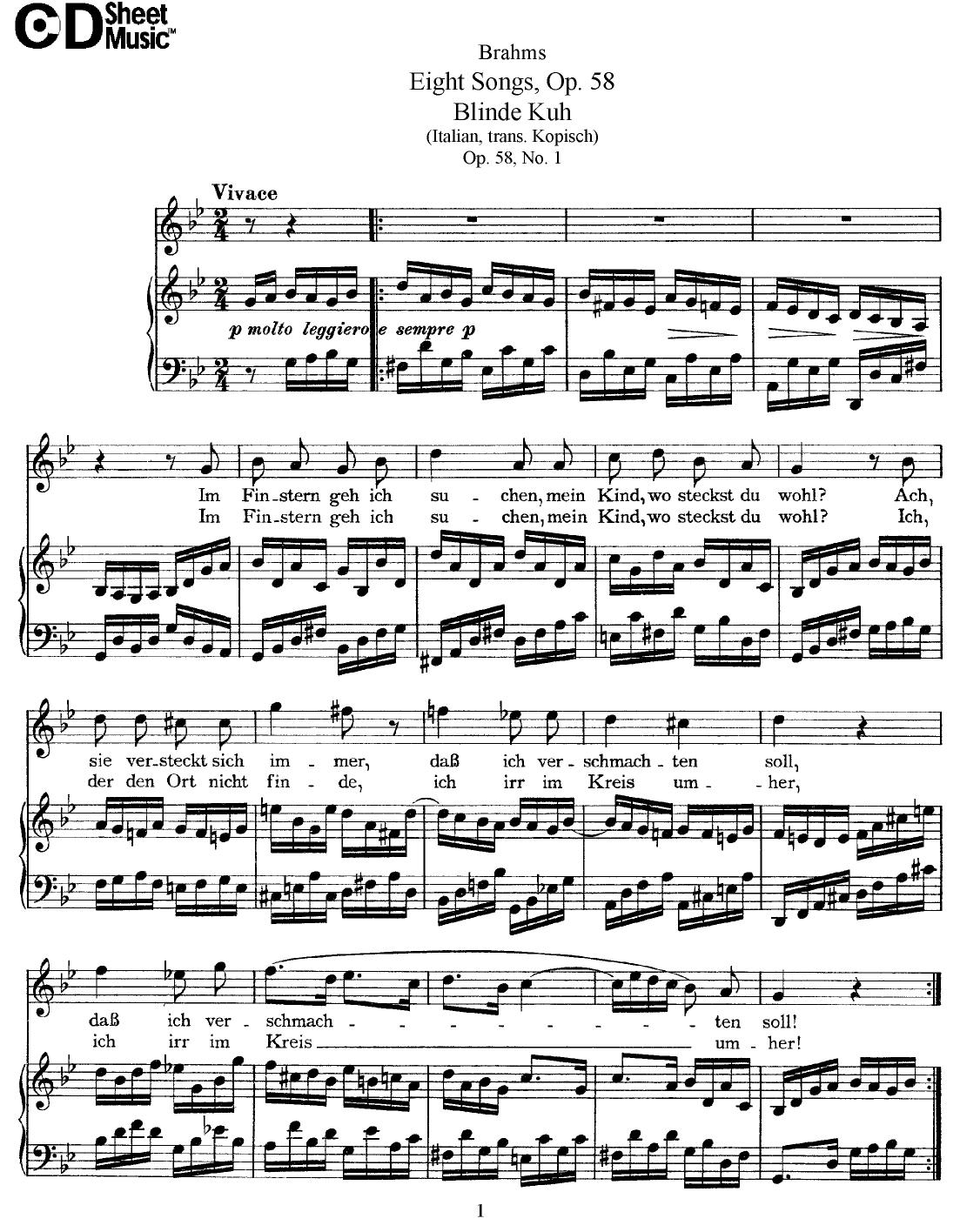 Mid Romantic German Lieder, Brahms: 8 Songs, Op.58 by WBaxley Music Subito Music Corp & Stephens Pub. Co