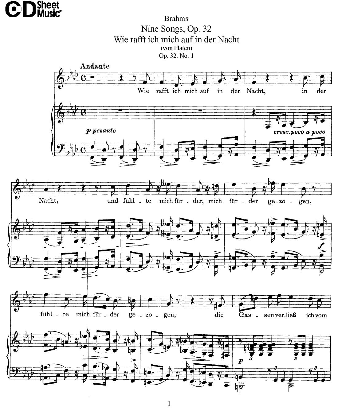 Mid Romantic German Lieder, Brahms: 9 Songs, Op.32 by WBaxley Music Subito Music Corp & Stephens Pub. Co