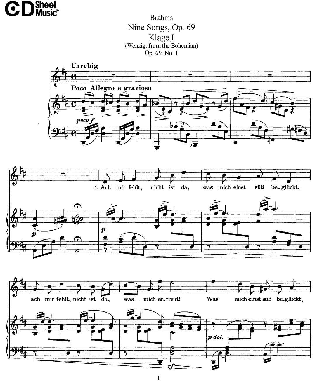 Mid Romantic German Lieder, Brahms: 9 Songs, Op.69 by WBaxley Music Subito Music Corp & Stephens Pub. Co