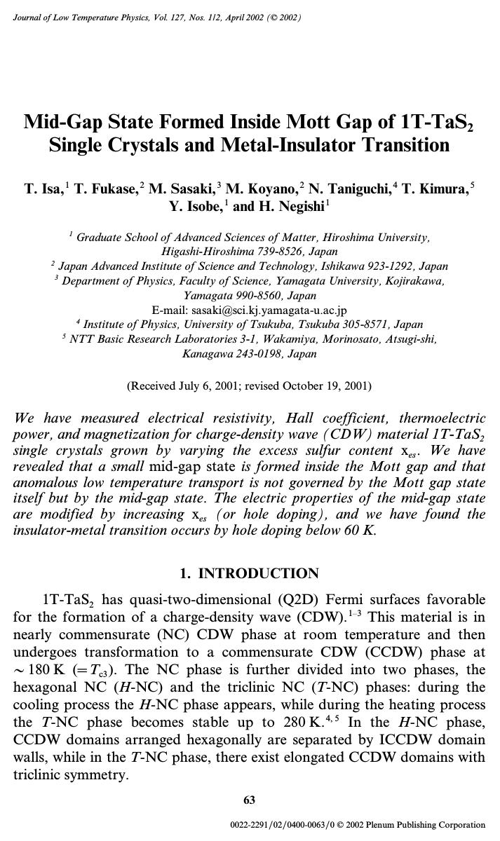 Mid-Gap State Formed Inside Mott Gap of 1T-TaS2 Single Crystals and Metal-Insulator Transition by Unknown