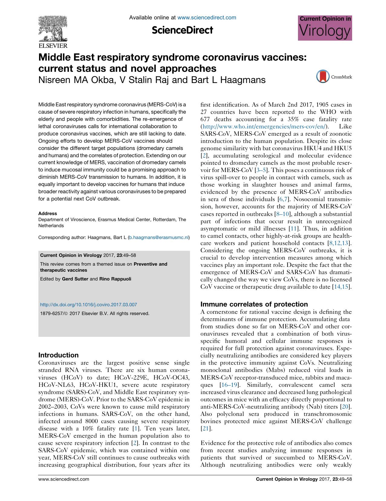Middle East respiratory syndrome coronavirus vaccines: current status and novel approaches by Nisreen MA Okba & V Stalin Raj & Bart L Haagmans