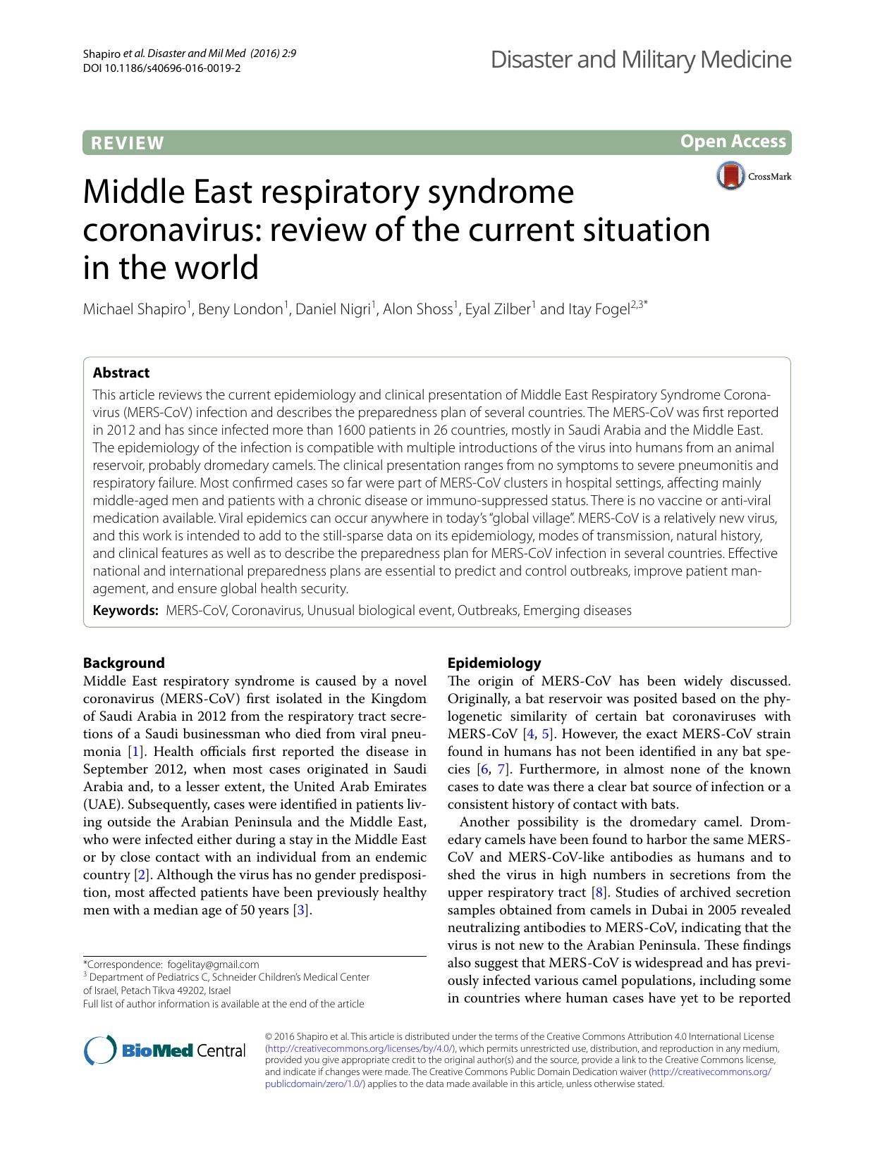 Middle East respiratory syndrome coronavirus: review of the current situation in the world by Michael Shapiro & Beny London & Daniel Nigri & Alon Shoss & Eyal Zilber & Itay Fogel