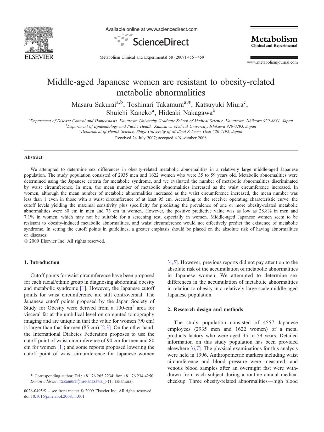 Middle-aged Japanese women are resistant to obesity-related metabolic abnormalities by Masaru Sakurai; Toshinari Takamura; Katsuyuki Miura; Shuichi Kaneko; Hideaki Nakagawa