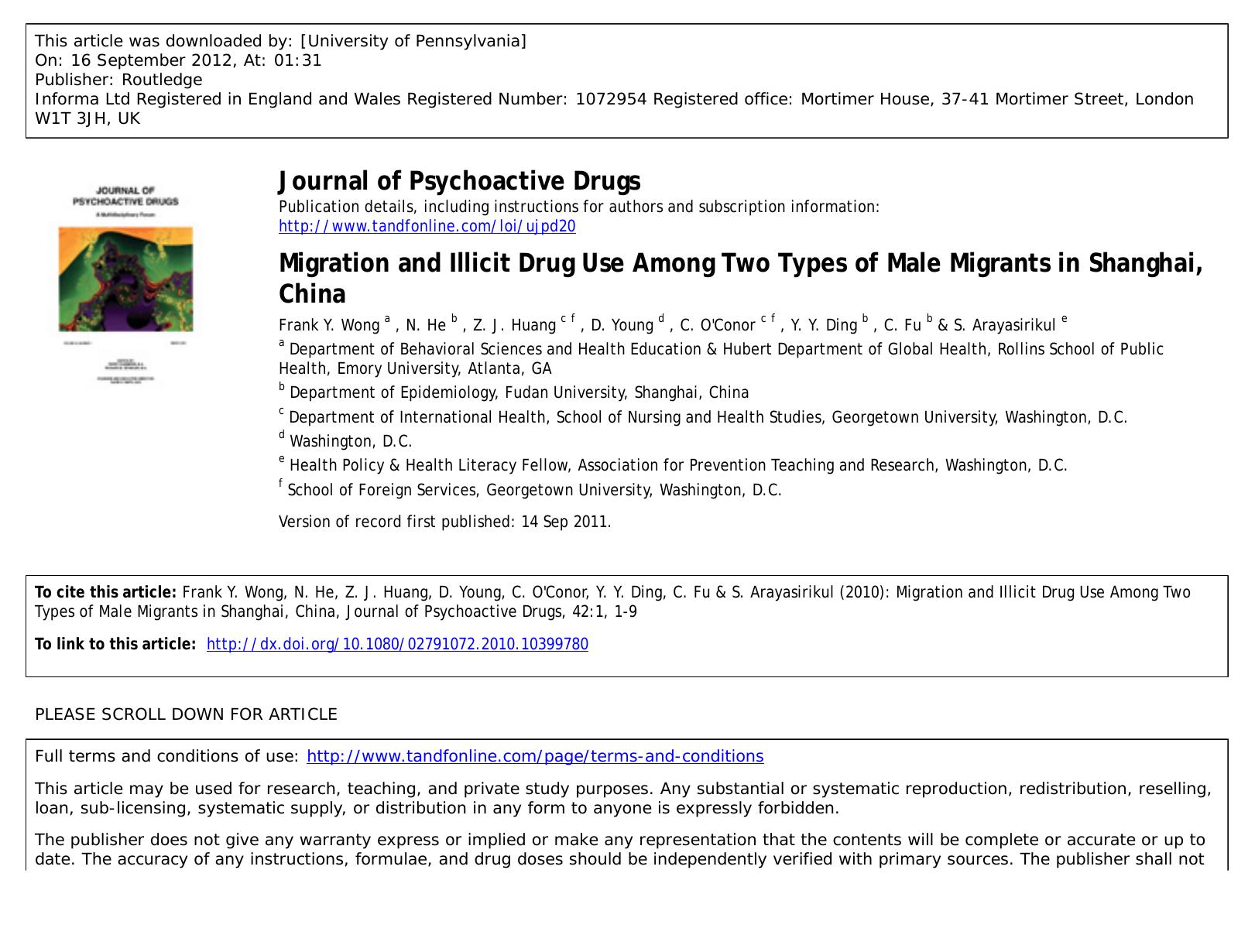 Migration and Illicit Drug Use Among Two Types of Male Migrants in Shanghai, China by unknow