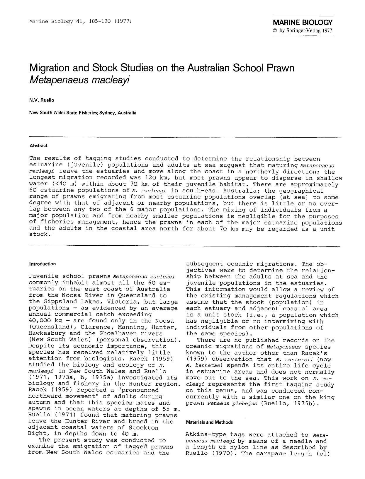 Migration and stock studies on the Australian school prawn <Emphasis Type="Italic">Metapenaeus macleayi<Emphasis> by Unknown