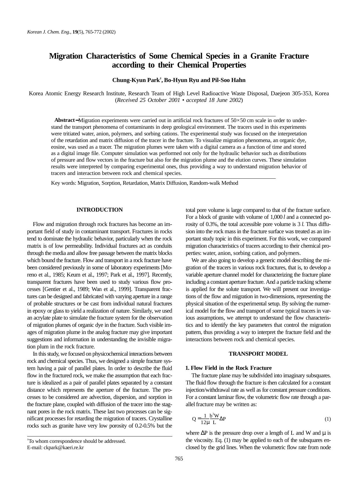 Migration characteristics of some chemical species in a granite fracture according to their chemical properties by Unknown