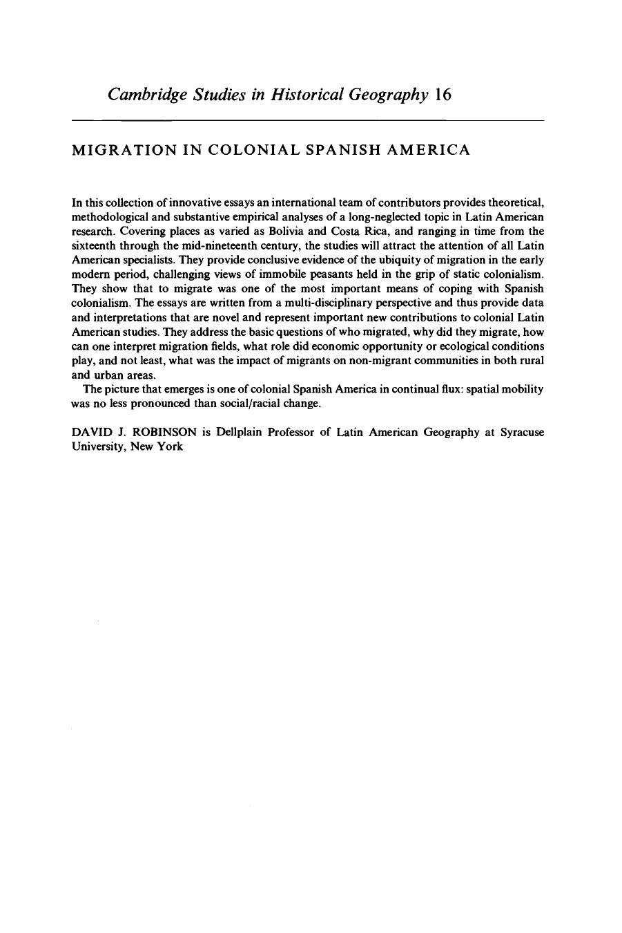 Migration in Colonial Spanish America by David J. Robinson