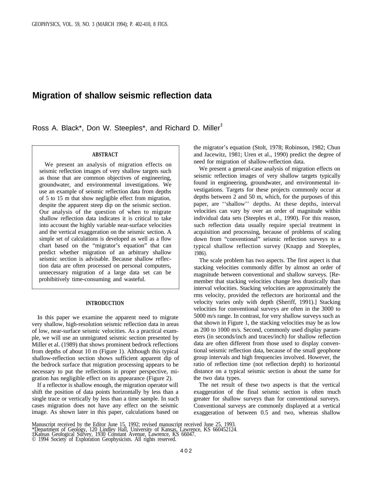 Migration of shallow seismic reflection data by D.W. Steeples R.D. Miller R. A. Black