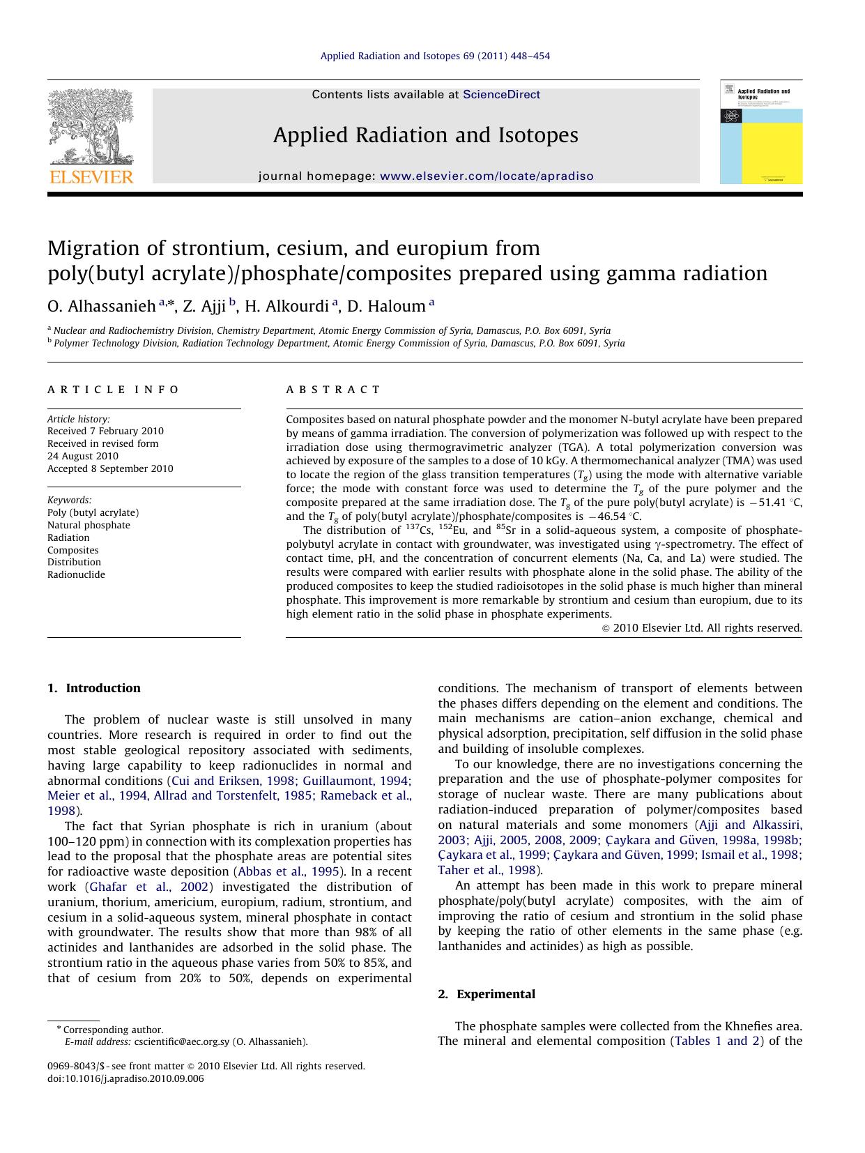 Migration of strontium, cesium, and europium from poly(butyl acrylate)phosphatecomposites prepared using gamma radiation by O. Alhassanieh & Z. Ajji & H. Alkourdi & D. Haloum