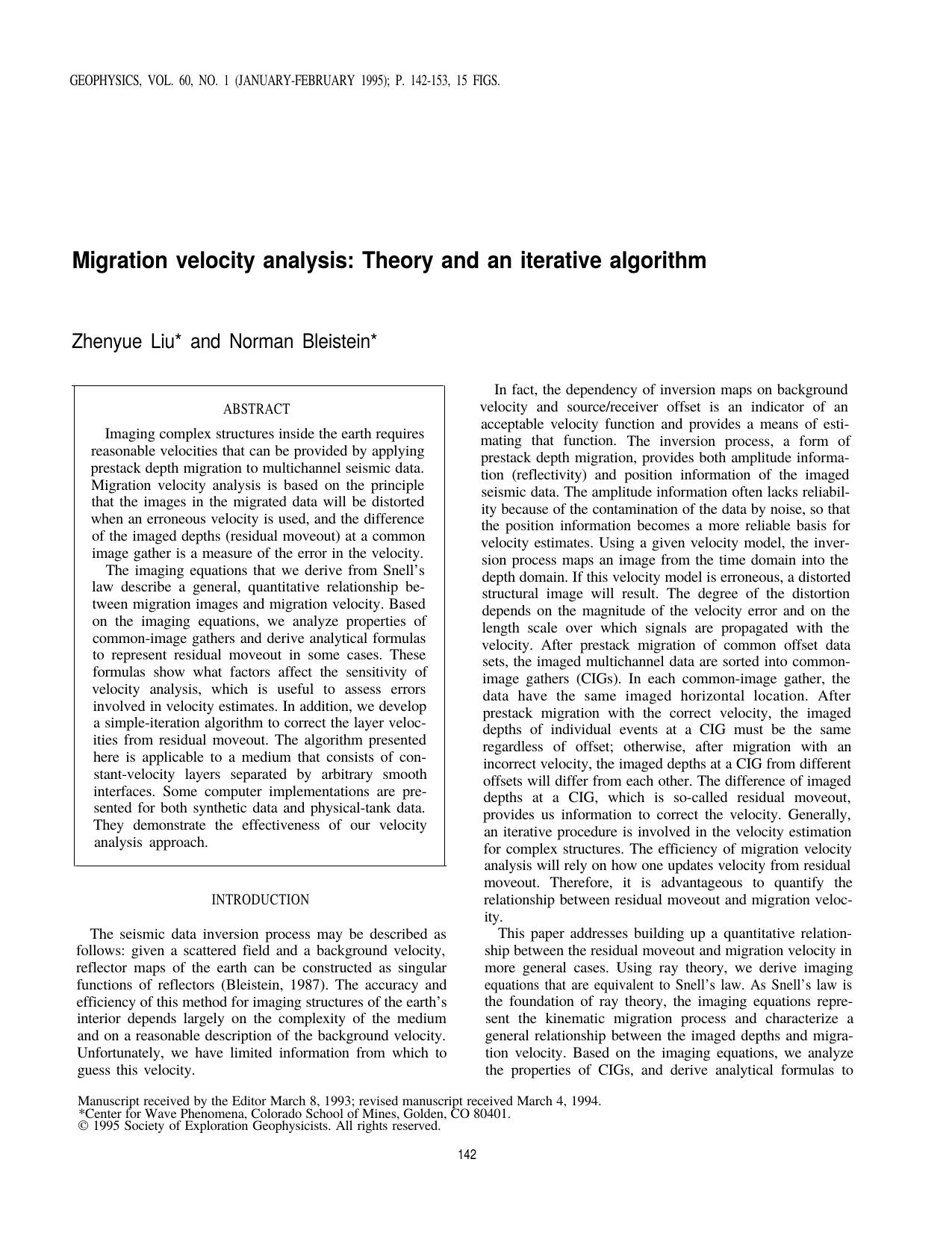 Migration velocity analysis: Theory and an iterative algorithm by N. Bleistein Z. Liu