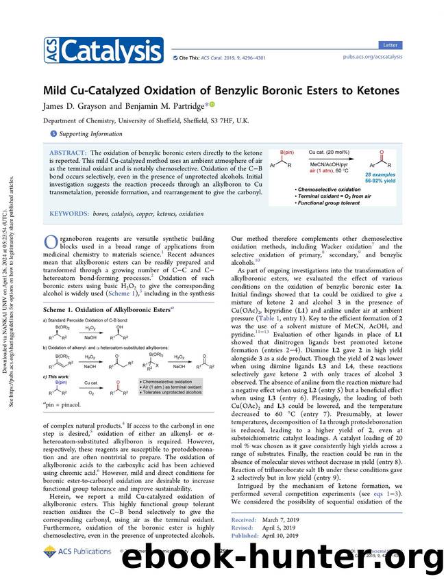Mild Cu-Catalyzed Oxidation of Benzylic Boronic Esters to Ketones by James D. Grayson & Benjamin M. Partridge