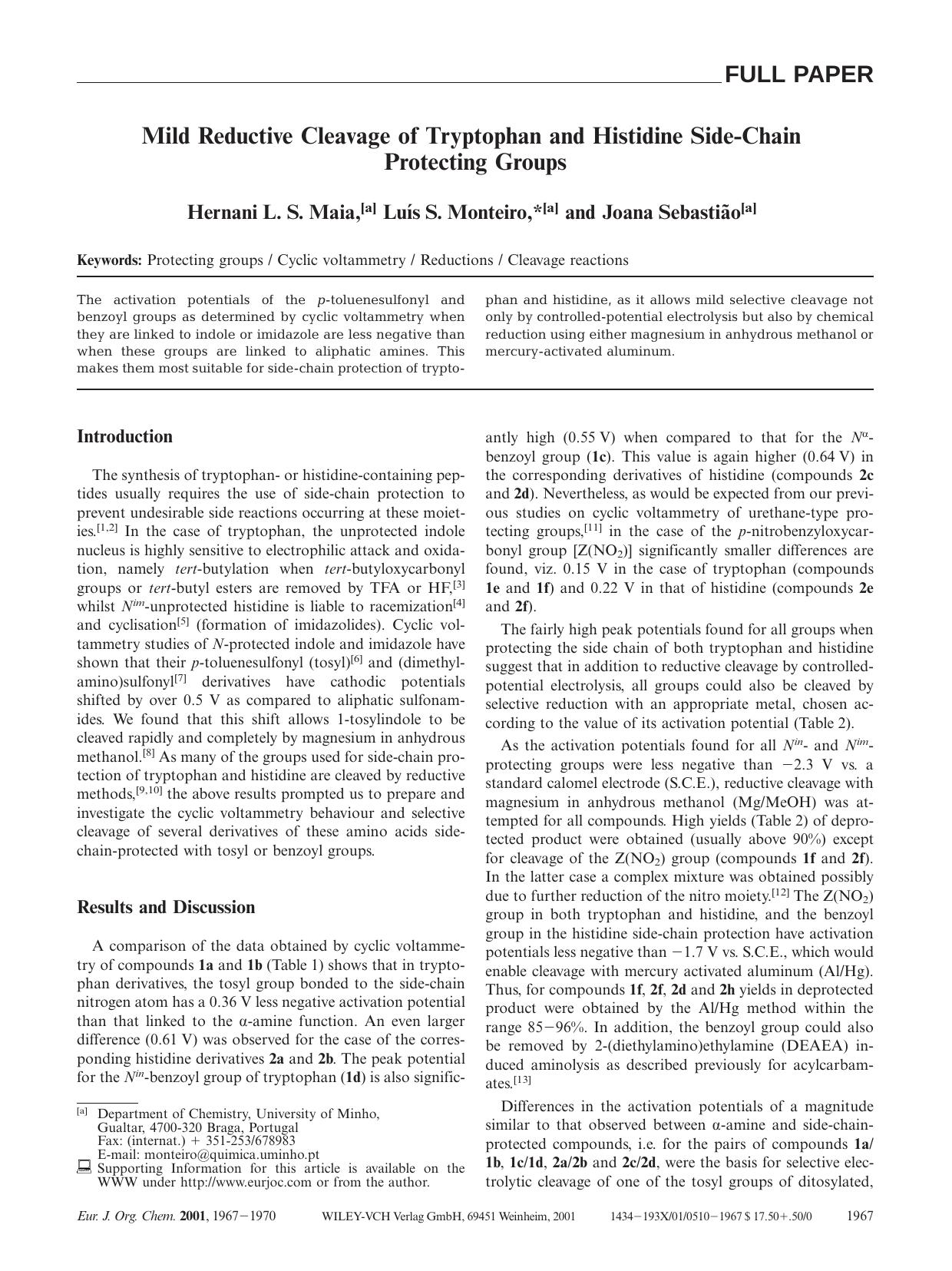 Mild Reductive Cleavage of Tryptophan and Histidine Side-Chain Protecting Groups by Unknown