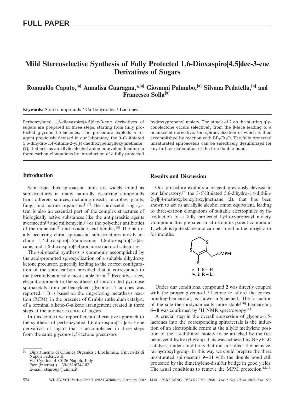 Mild Stereoselective Synthesis of Fully Protected 1,6-Dioxaspiro[4.5]dec-3-ene Derivatives of Sugars by Unknown