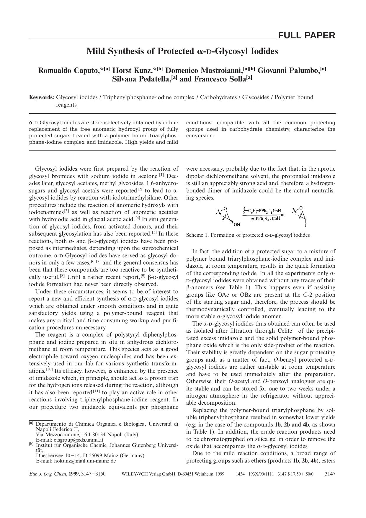 Mild Synthesis of Protected [agr]-D-Glycosyl Iodides by Unknown
