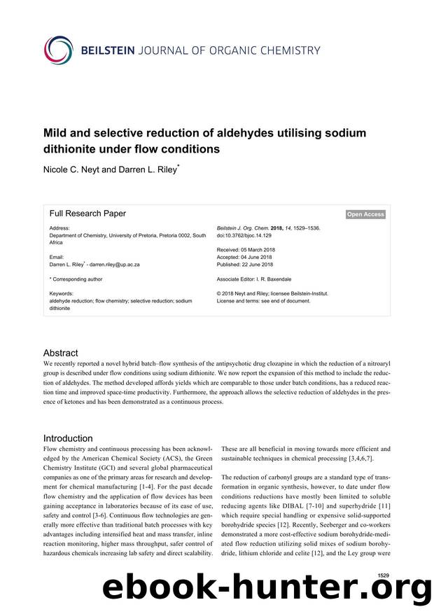 Mild and selective reduction of aldehydes utilising sodium dithionite under flow conditions by Nicole C. Neyt Darren L. Riley