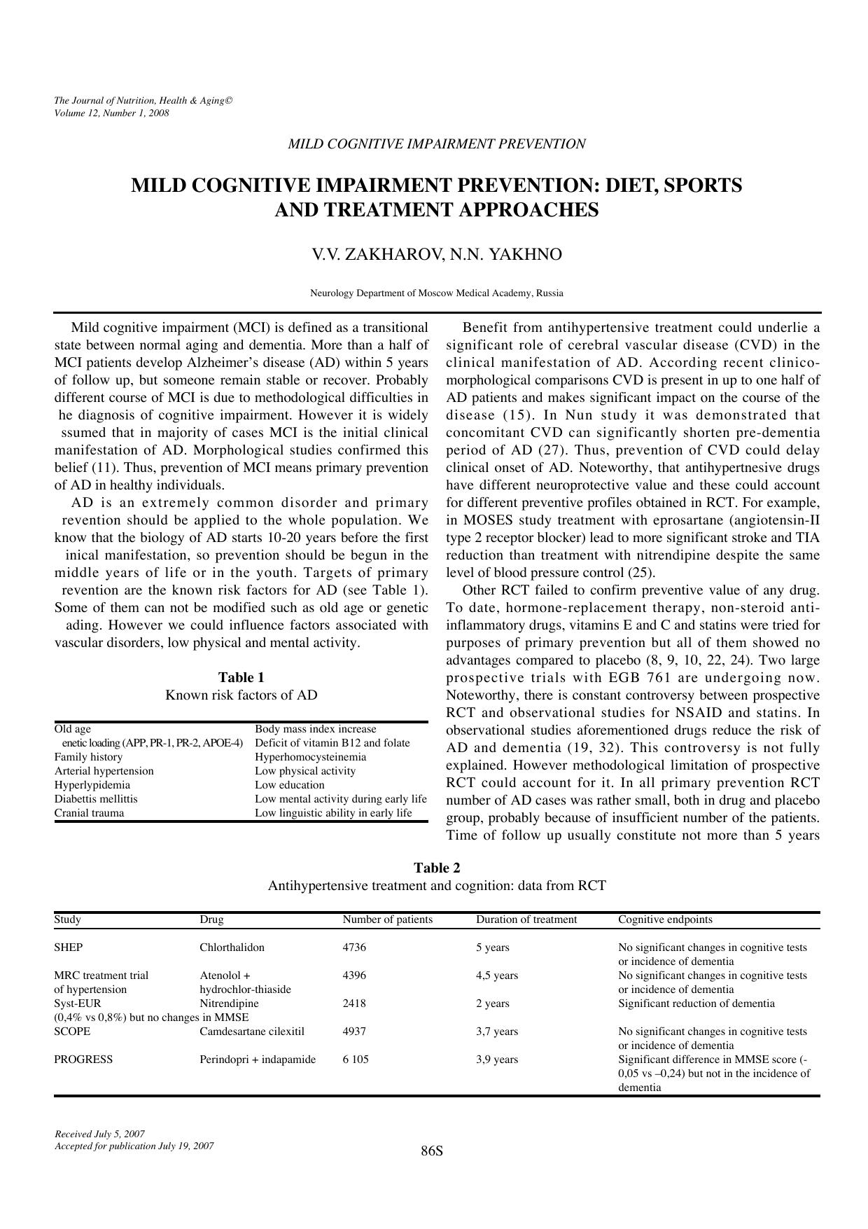 Mild cognitive impairment prevention: Diet, sports and treatment approaches by Unknown