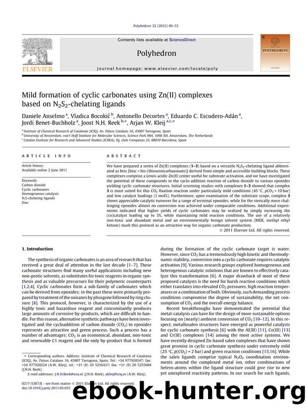 Mild formation of cyclic carbonates using Zn(II) complexes based on N2S2-chelating ligands by unknow