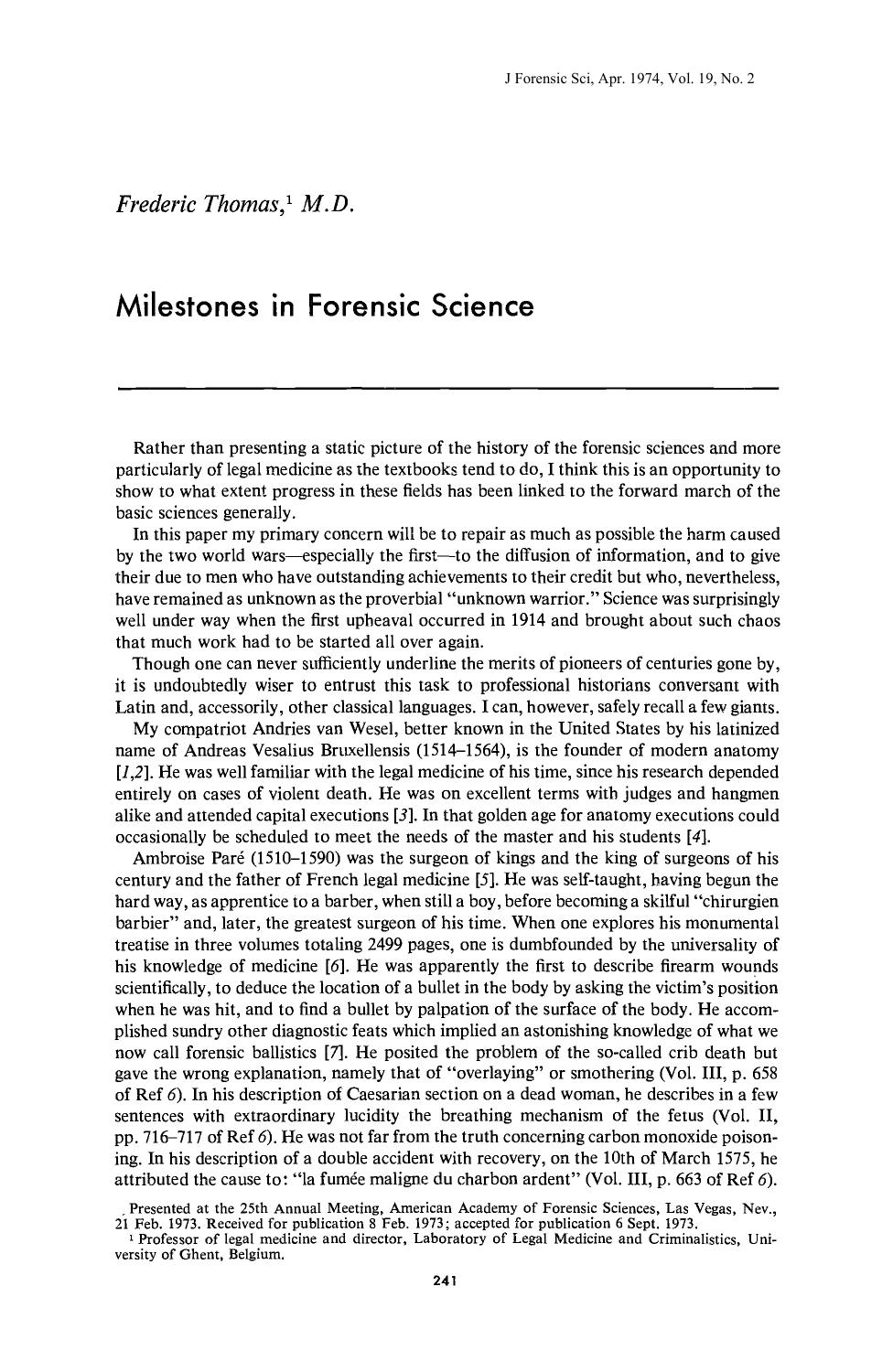 Milestones in Forensic Science by Thomas F