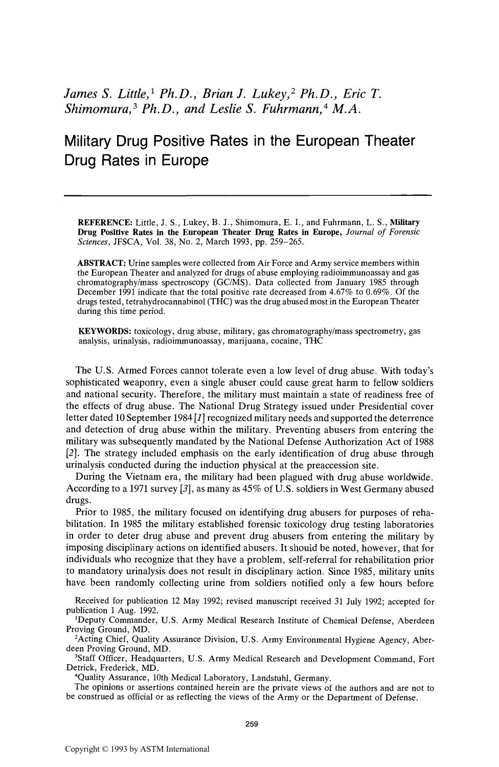 Military Drug Positive Rates in the European Theater Drug Rates in Europe by Little JS Lukey BJ Shimomura EI Fuhrmann LS
