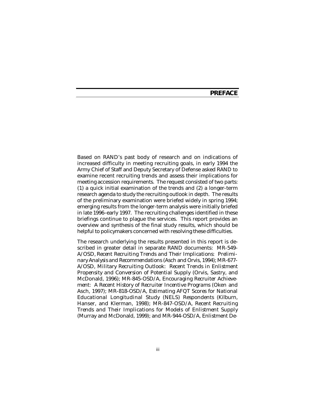 Military Recruiting: Trends, Outlook, and Implications by Bruce R. Orvis