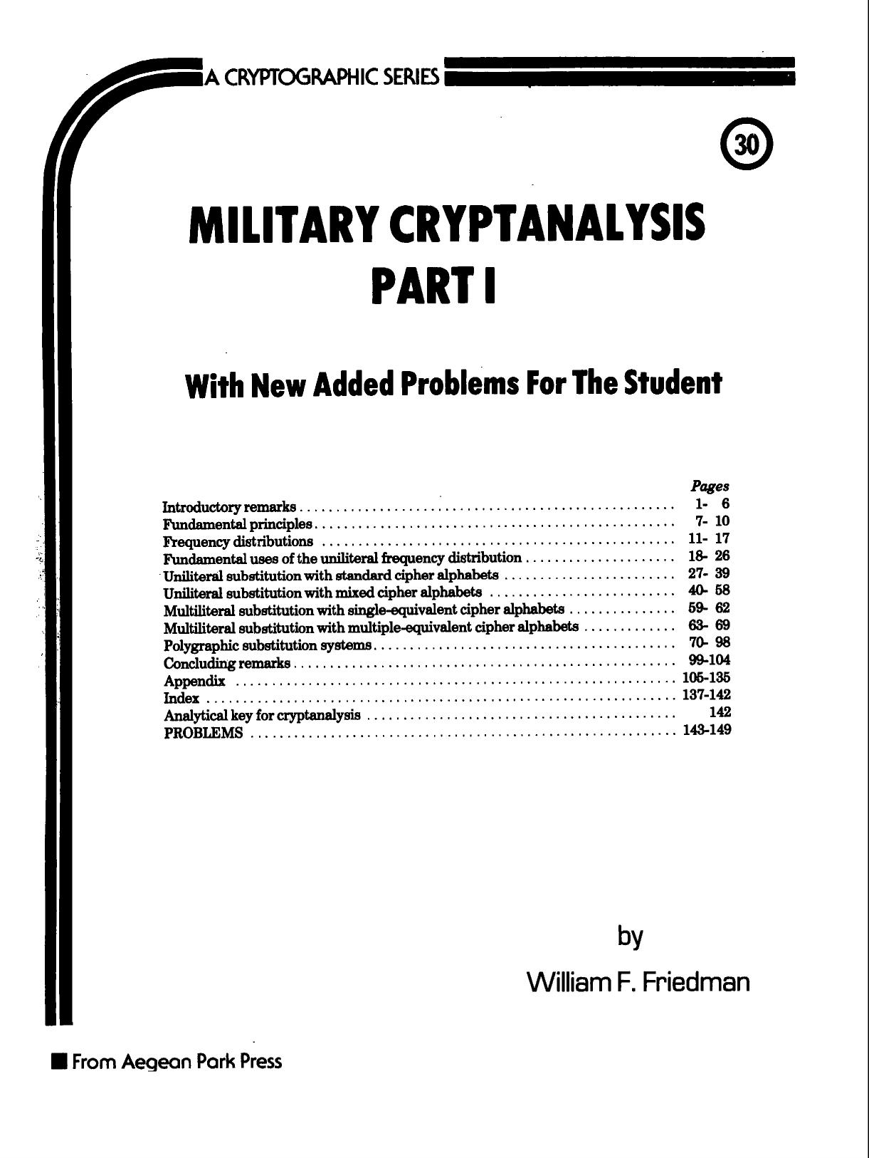 Military cryptanalysis. Part I by William F Friedman