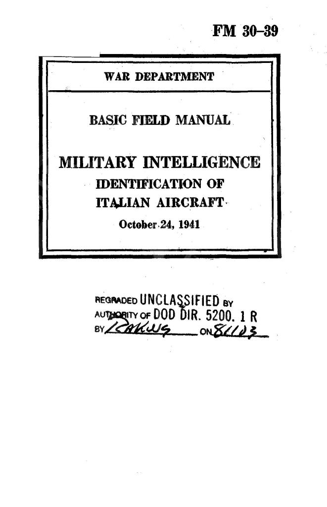 Military intelligence : identification of Italian aircraft by United States. War Dept