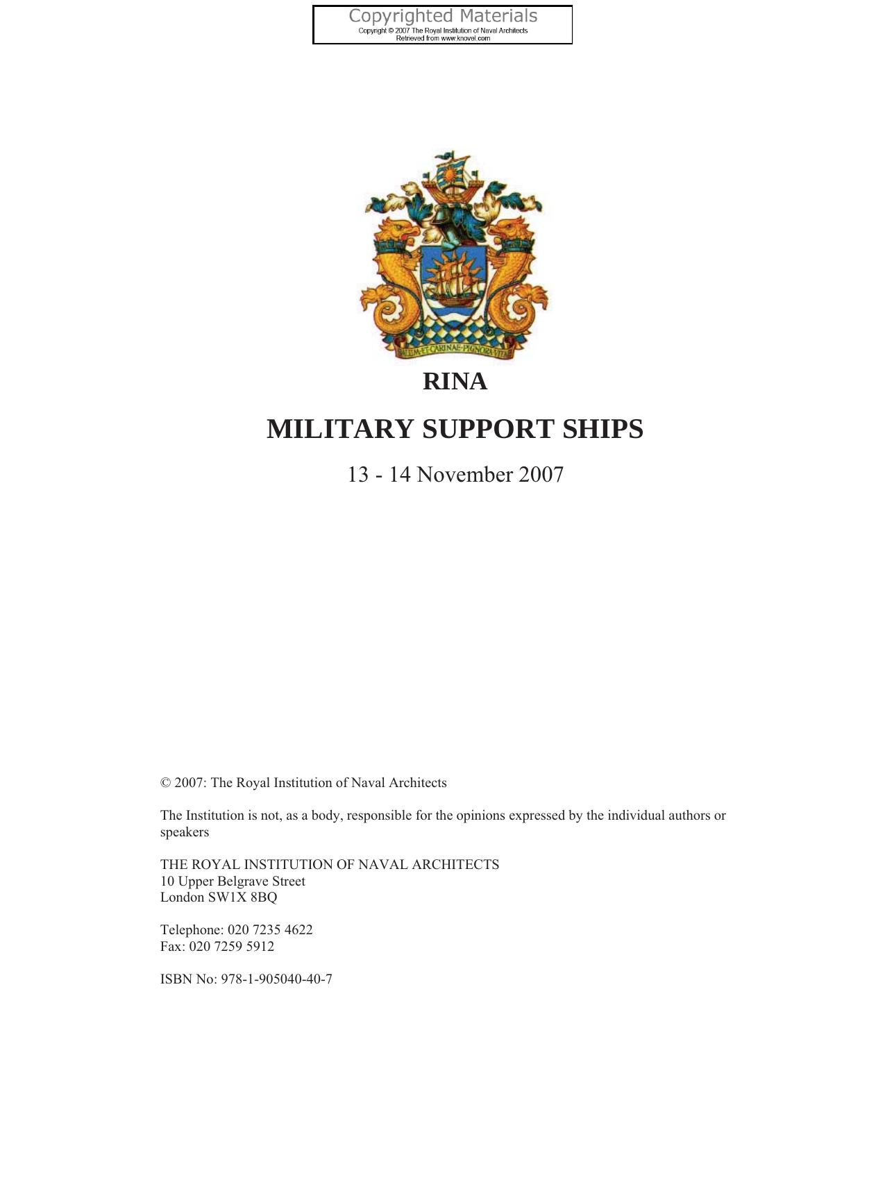Military support ships : 13-14 November 2007 by Royal Institution of Naval Architects