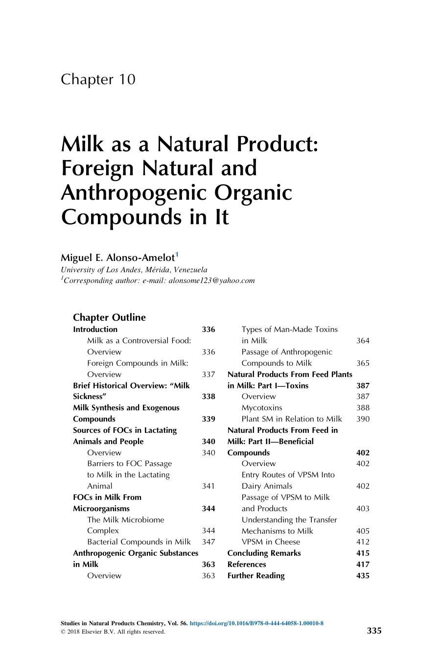 Milk as a Natural Product: Foreign Natural and Anthropogenic Organic Compounds in It by Miguel E. Alonso-Amelot