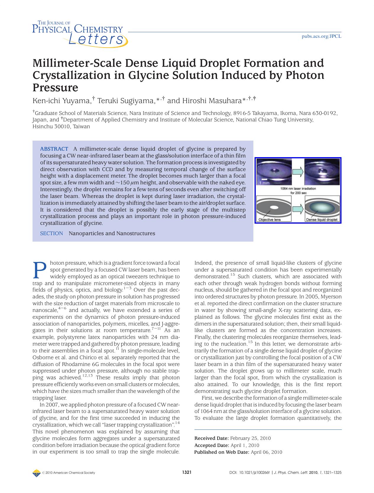 Millimeter-Scale Dense Liquid Droplet Formation and Crystallization in Glycine Solution Induced by Photon Pressure by Unknown