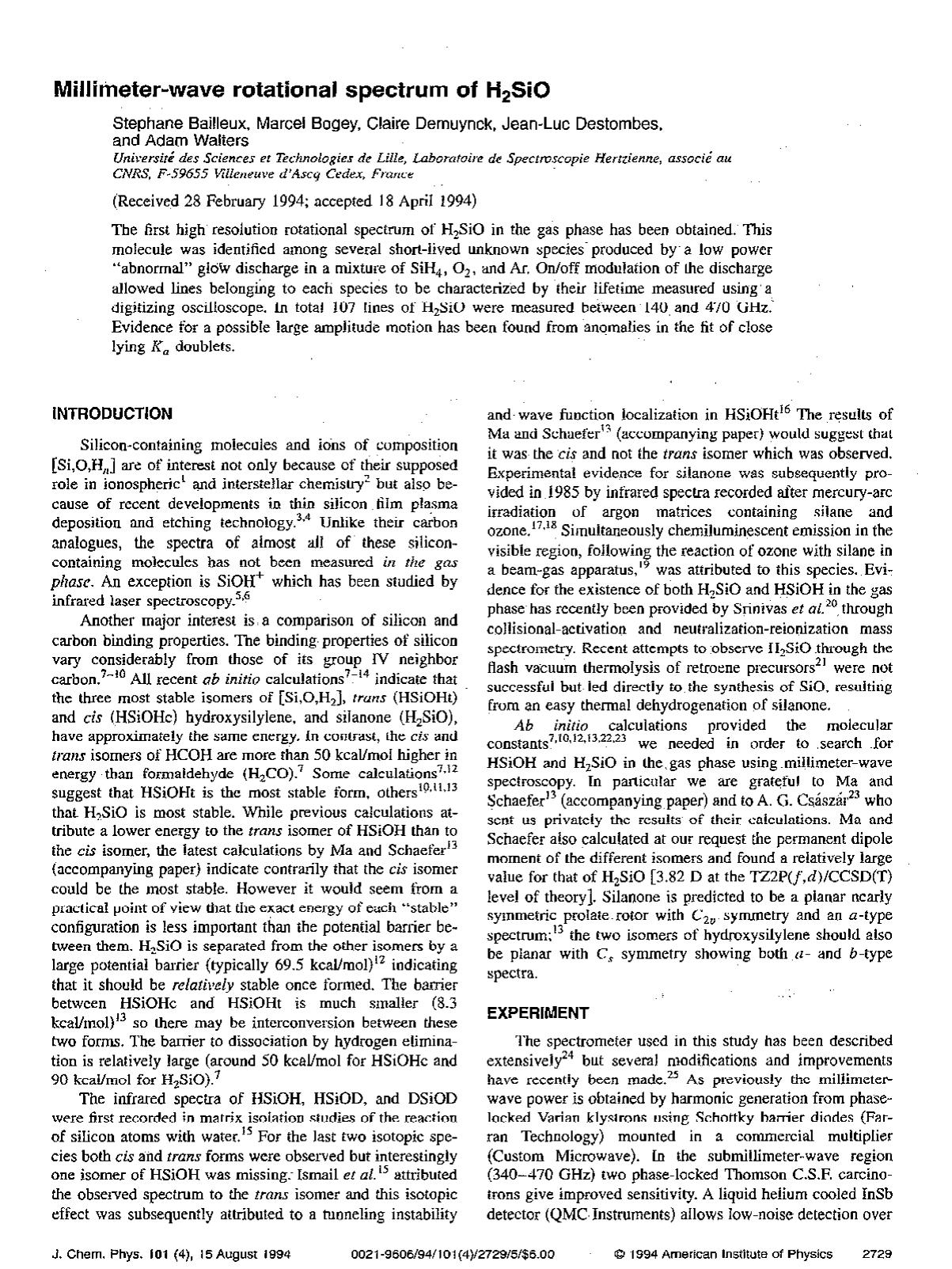 Millimeter-wave rotational spectrum of H2SiO by Stephane Bailleux; Marcel Bogey; Claire Demuynck; Jean-Luc Destombes; Adam Walters