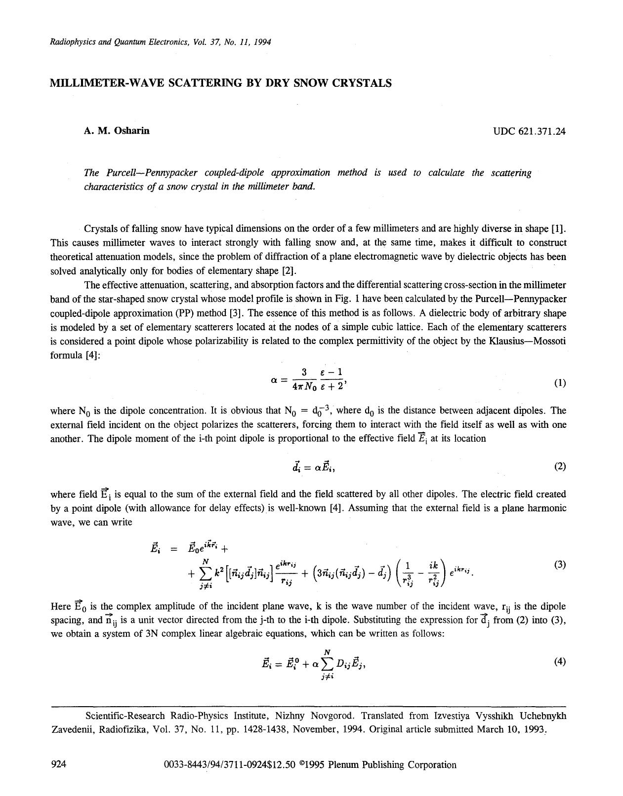 Millimeter-wave scattering by dry snow crystals by Unknown
