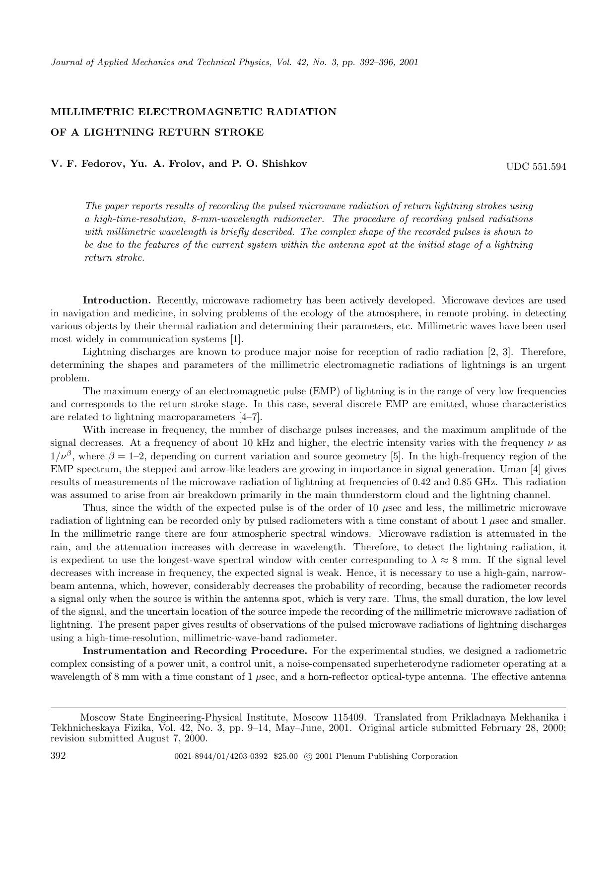 Millimetric electromagnetic radiation of a lightning return stroke by Unknown