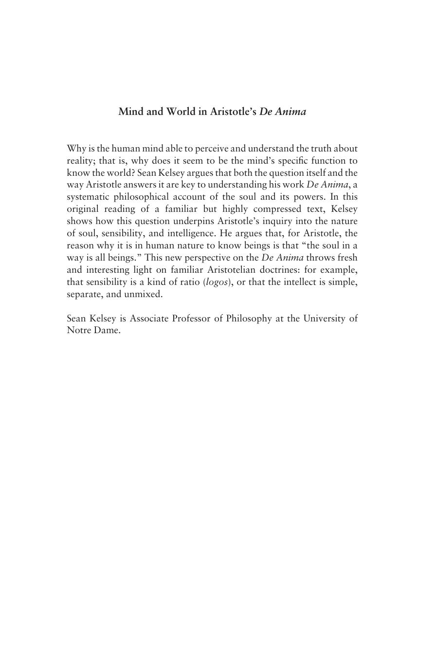 Mind and World in Aristotle's De Anima by Sean Kelsey