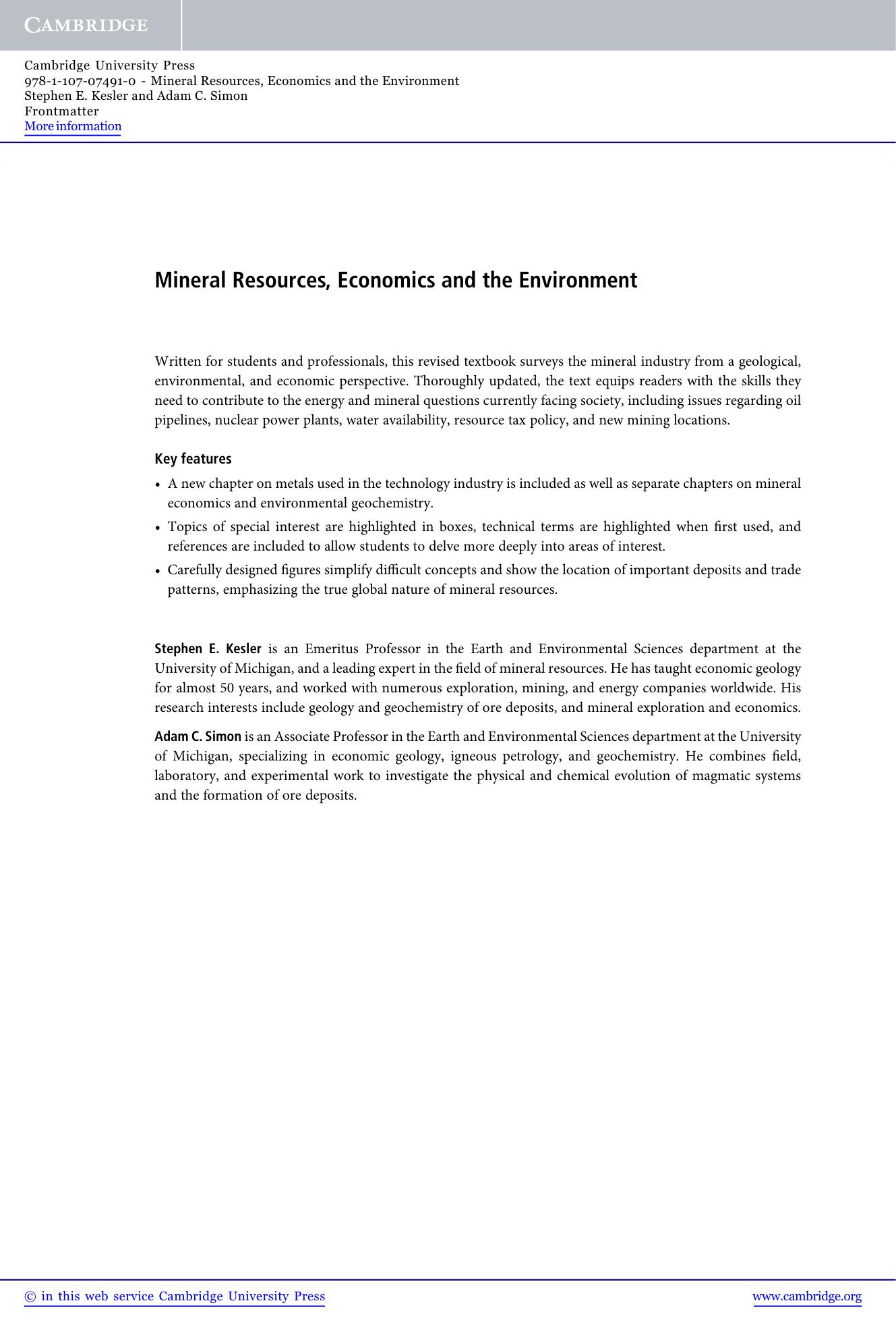 Mineral Resources, Economics and the Environment by Stephen E. Kesler Adam C. Simon