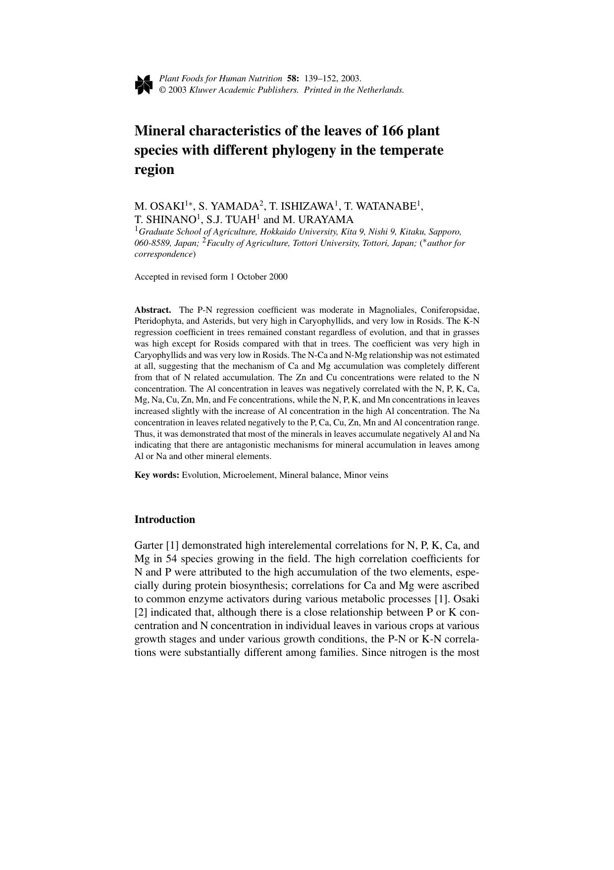 Mineral characteristics of the leaves of 166 plant species with different phylogeny in the temperate region by Unknown