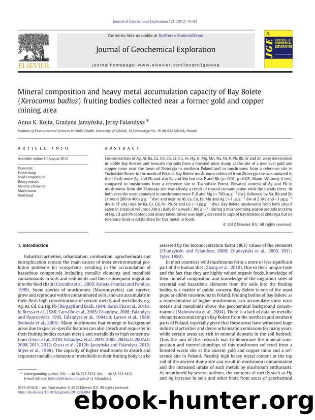 Mineral composition and heavy metal accumulation capacity of Bay Bolete (Xerocomus badius) fruiting bodies collected near a former gold and copper mining area by Anna K. Kojta & Grażyna Jarzyńska & Jerzy Falandysz